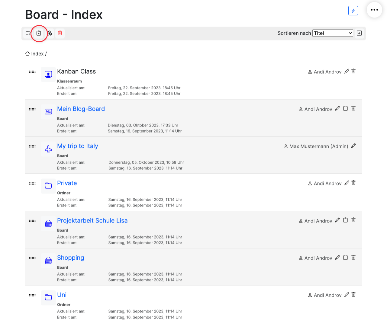 Der Board-Index mit einer Liste von Boards